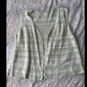 Handmade Crochet Vest Sage Green Button Front Cottagecore Knit Top